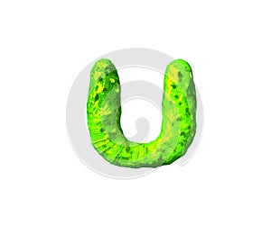 Toxic slime font - letter U in alien style isolated on white background, 3D illustration of symbols