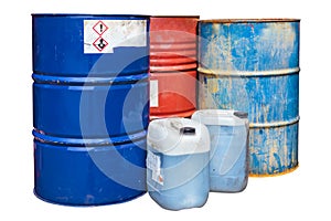 Toxic waste barrels isolated on white photo