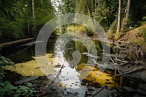 toxic waste spill in a natural setting, with dead fish and vegetation visible