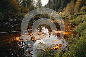 toxic waste spill in a natural setting, with dead fish and vegetation visible