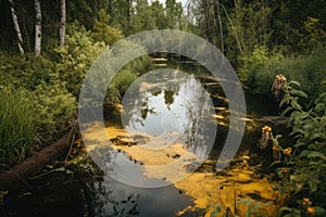 toxic waste spill in a natural setting, with dead fish and vegetation visible