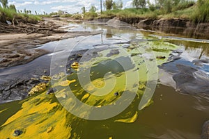 toxic waste spill in river, with dead fish and algae visible