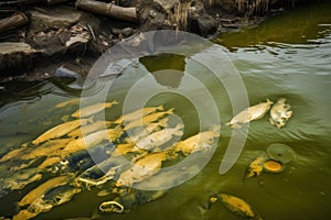 toxic waste spill in river, with dead fish and algae visible