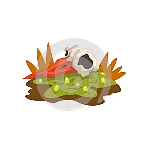 Toxic waste swamp and dead bird, ecological disaster, environmental pollution concept, vector Illustration on a white