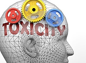 Toxicity and human mind - pictured as word Toxicity inside a head to symbolize relation between Toxicity and the human psyche, 3d photo