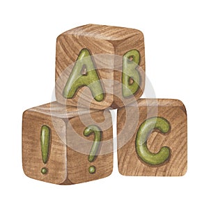 Toy abc Blocks Watercolor illustration. Hand drawn clip art on isolated background. Drawing of wooden cubes for kids