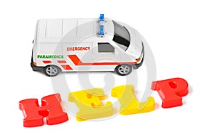 Toy ambulance car and word help