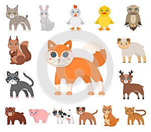 Toy animals cartoon icons in set collection for design. Bird, predator and herbivore vector symbol stock web