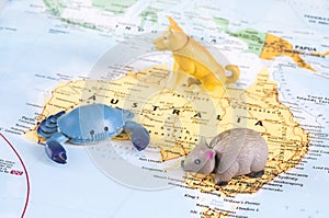 Toy Australian animals on map