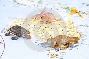 Toy Australian animals on map