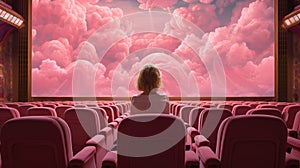 Toy barbie doll sitting in the movie theater with pink details, movie concept