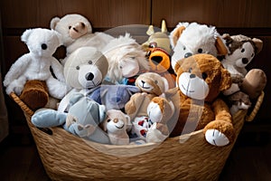 toy basket overflowing with plush toys and squeaky ones