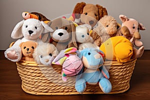 toy basket overflowing with plush toys and squeaky ones