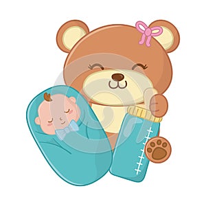 Toy bear carrying a baby sheltered