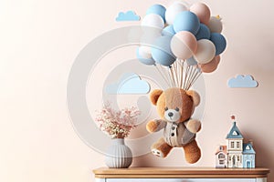 A toy bear flying on balloons. Space for text.