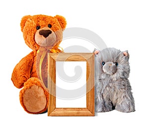 Toy bear and kitten with photo frame