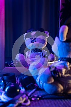 toy bear in leather harness and accessory for BDSM games on a dark background in neon light near the mirror