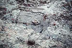 Toy bear on a metal trolley at the bottom of the destroyed pool `Azure` in the abandoned city of Pripyat