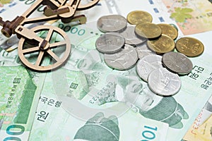 Toy bicycle and coin on South Korean won currency