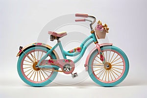 Toy bike with basket of flowers on the front wheel. Generative AI