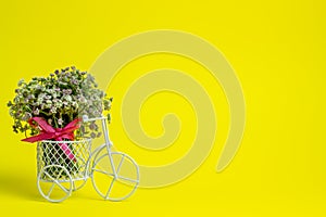 A toy bike carries a flowers. The idea for a postcard. Yellow background. Minimalism