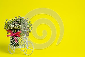 A toy bike carries a flowers. The idea for a postcard. Yellow background. Minimalism