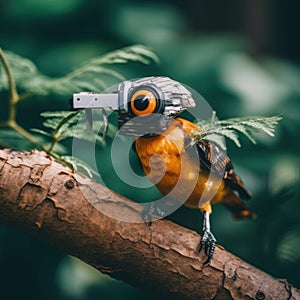 A toy bird with a camera on its head. Generative AI image.