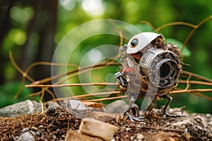 A toy bird with a camera in its mouth. Generative AI image.