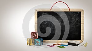 Toy blackboard, education cubes, two chalks and eraser. 3D illustration