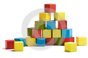 Toy blocks pyramid, multicolor wooden bricks stack