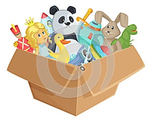 Toy box. Cardboard package full of kid playthings