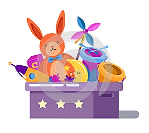 Toy box or chest with rabbit doll and rocket