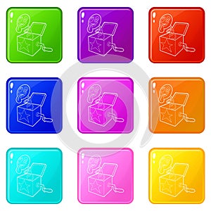 Toy box in spring icons set 9 color collection