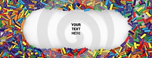 Toy bricks of all colors of the rainbow with space for your content on a white background. Text space. Copy space. 3D