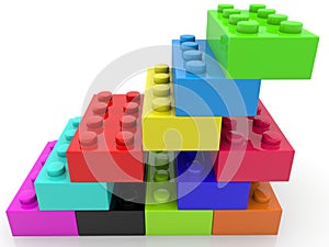 Toy bricks of different colors are connected to each other in an abstract pyramid construction