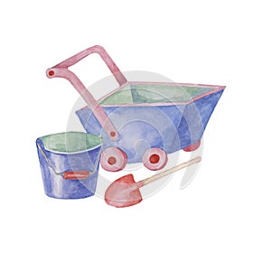 Toy bucket, shovel and wheelbarrow. Beach toys clipart, retro wooden cart and sand play watercolor illustration for kids