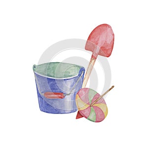 Toy bucket, shovel and whirligig. Beach toys clipart, retro spinning top and sand play watercolor illustration for kids