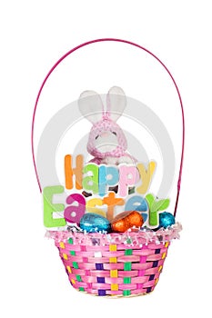 Toy Bunny and Colorful Basket full of Chocolate Easter Eggs