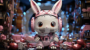A toy bunny in a robot garment