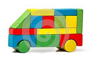 Toy bus, multicolor car wooden blocks, transport