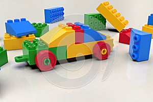 Toy car built from colorful blocks, lego style