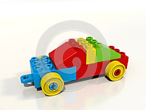 Toy car built from colorful blocks, lego style, single object