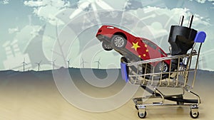 Toy car with the chinese flag and electrical plug inside a small shopping cart