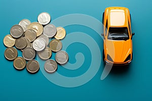 Toy car and coins buying concept, miniature model car and coins making a purchase
