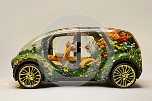 A toy car with a floral design carries a stuffed animal passenger in the seat, A nature-inspired car with floral motifs and earthy