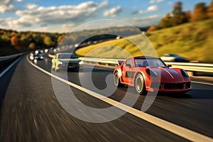 toy car on a highway with real cars speeding past in the background