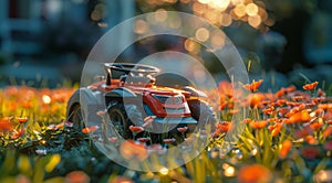 Toy Car Parked in Field of Flowers