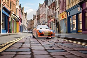 toy car on a real city street, with shopfronts in the background photo