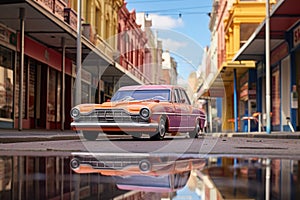 toy car on a real city street, with shopfronts in the background photo