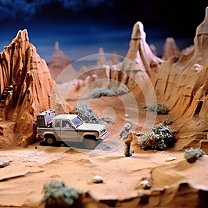 Toy car on the road in the desert. 3d illustration. Miniature, Stop - motion animation style, offroad 4wd, 1990s.